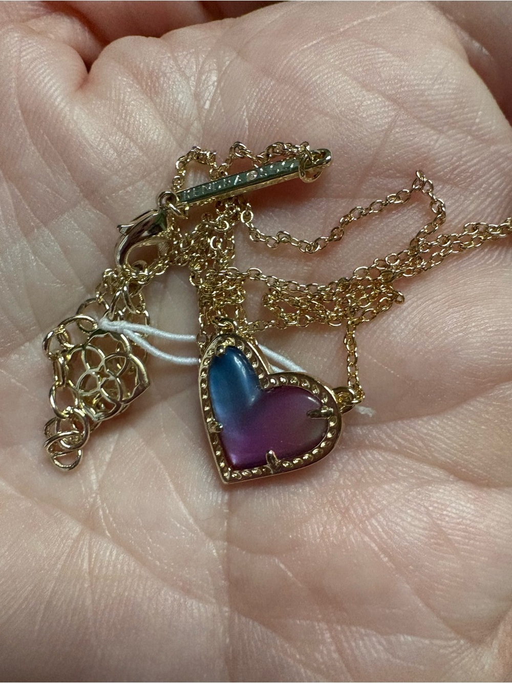 Kendra Scott Gold Heart Necklace with Blue and Purple Watercolor